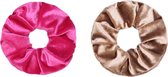 Jumalu scrunchie velvet haarwokkel haarelastiekjes - roze en lichtbruin - 2 stuks