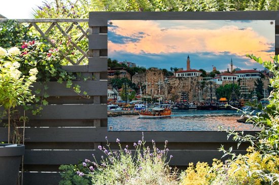 Le port de la ville d'Antalya à un coucher de soleil coloré en Turquie Affiche de jardin 180x120 cm - Toile de jardin / Toile d'extérieur / Peintures d'extérieur (décoration de jardin) XXL / Groot format!