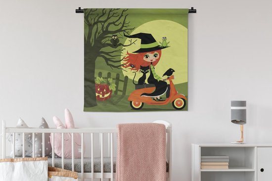 Tapisserie Illustration Vespa - Illustration d'une sorcière sur une Vespa Tapisserie coton 90x90 cm - Tapisserie avec photo