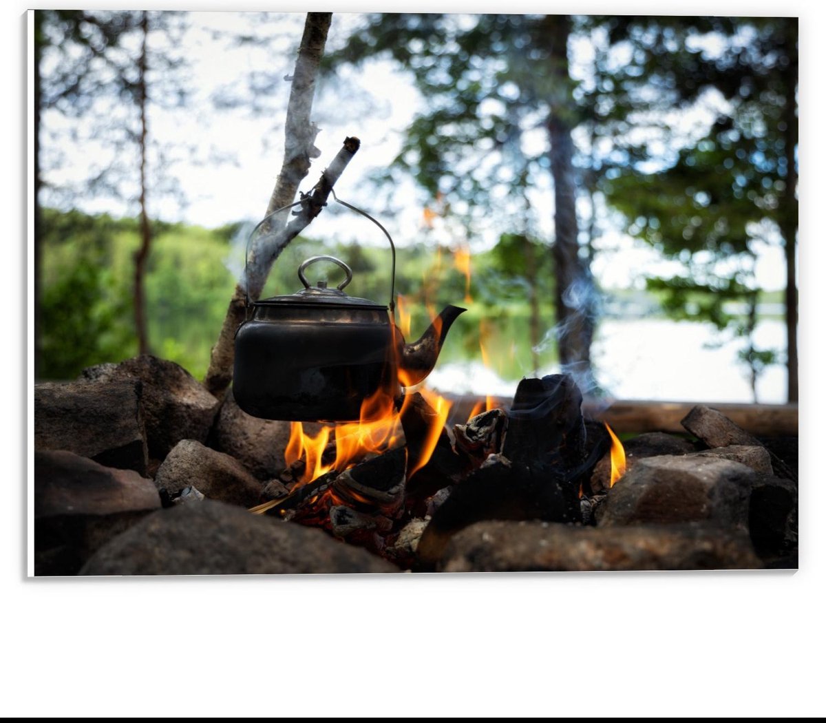 Forex - Ketel hangend boven Kampvuur - 40x30cm Foto op Forex