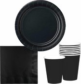 Tafel dekken feestartikelen in kleur zwart -16x bordjes/16x drink bekers/20x servetten van papier - Gedekte tafel feestartikelen