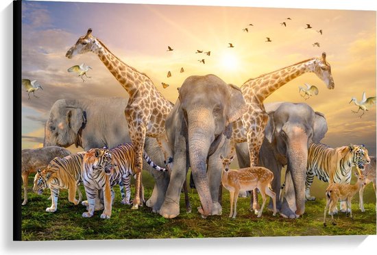 Canvas  - Afrikaanse Dieren bij Elkaar - 90x60cm Foto op Canvas Schilderij (Wanddecoratie op Canvas)