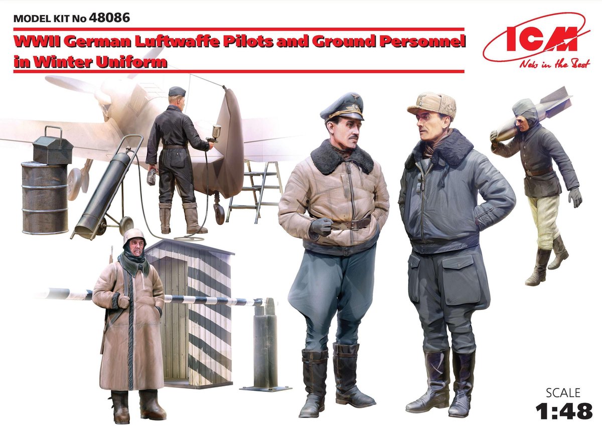 ICM Modelbouwpakket Militaire voertuigen - 48086 WWII German Luftwaffe Pilots + Ground Personnel in Winter Uniform Plastic - 1:48 - Modelbouw