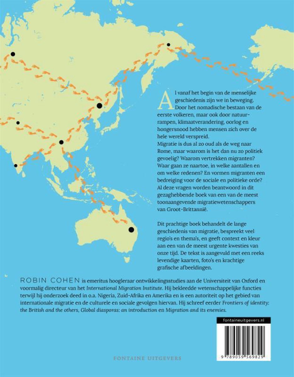 Boekomslag met wereldkaart waarop migratieroutes zijn aangegeven. Tekst: 'Migratie. Hoe de mensheid zich over de wereld heeft verspreid' door Robin Cohen.