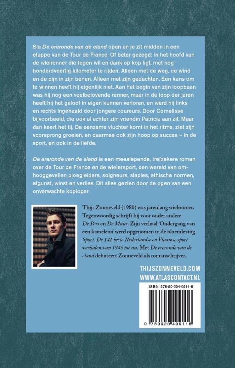 Achterkant van het boek "De ereronde van de eland" met een foto van Thijs Zonneveld, biografie en ISBN.