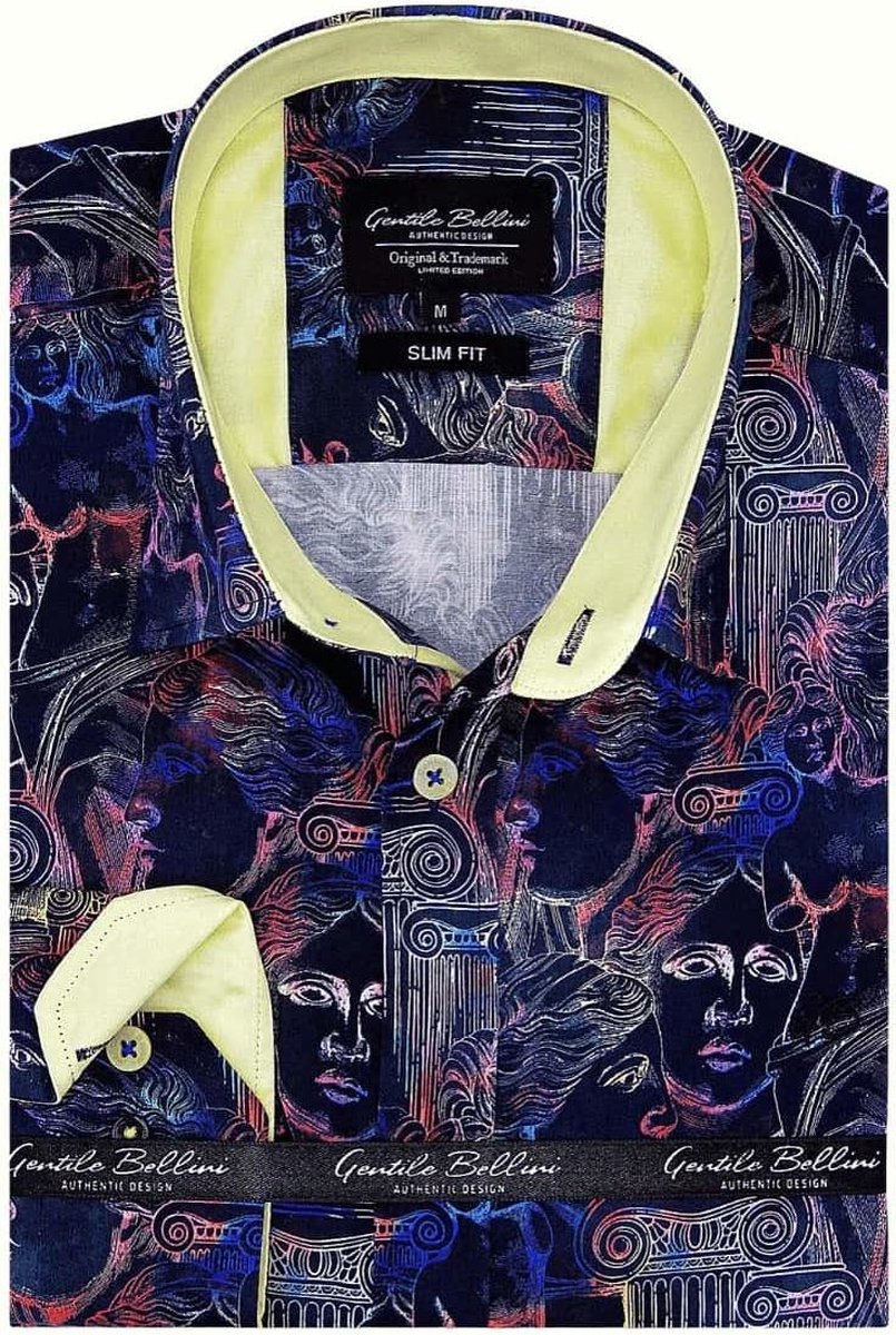 Heren Overhemd - Slim Fit - Greek Mythology Satijn - Zwart - Maat XL
