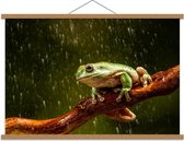 Schoolplaat – Kikker op Tak in de Regen - 90x60cm Foto op Textielposter (Wanddecoratie op Schoolplaat)