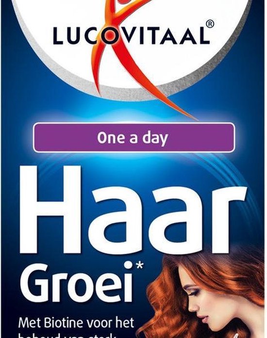 Lucovitaal Haar Groei verpakking met rode vrouw met vol haar, 'One a day'.