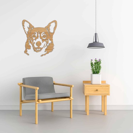 Décoration murale - Chien - Corgi 3 - S - 48x45cm - Chêne - décoration murale - Line Art