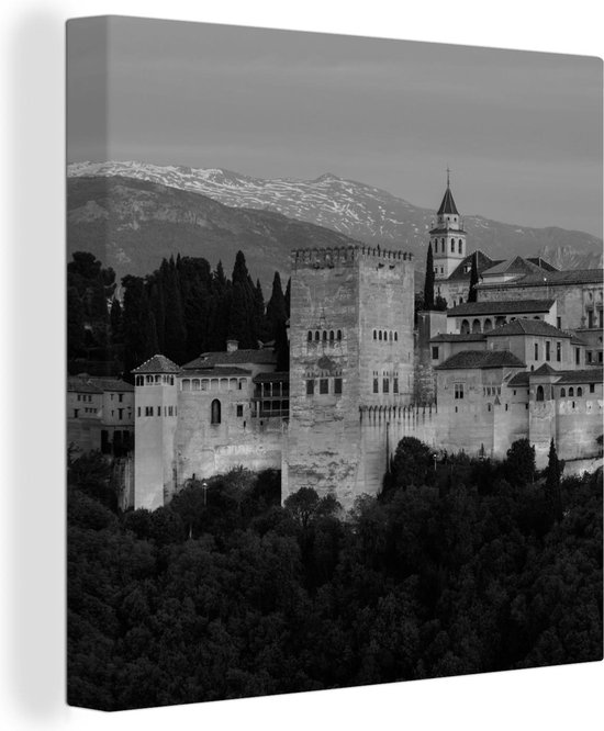 Canvas Schilderij Zwart-wit beeld verlichte muren van het Alhambra in Spanje - 20x20 cm - Wanddecoratie