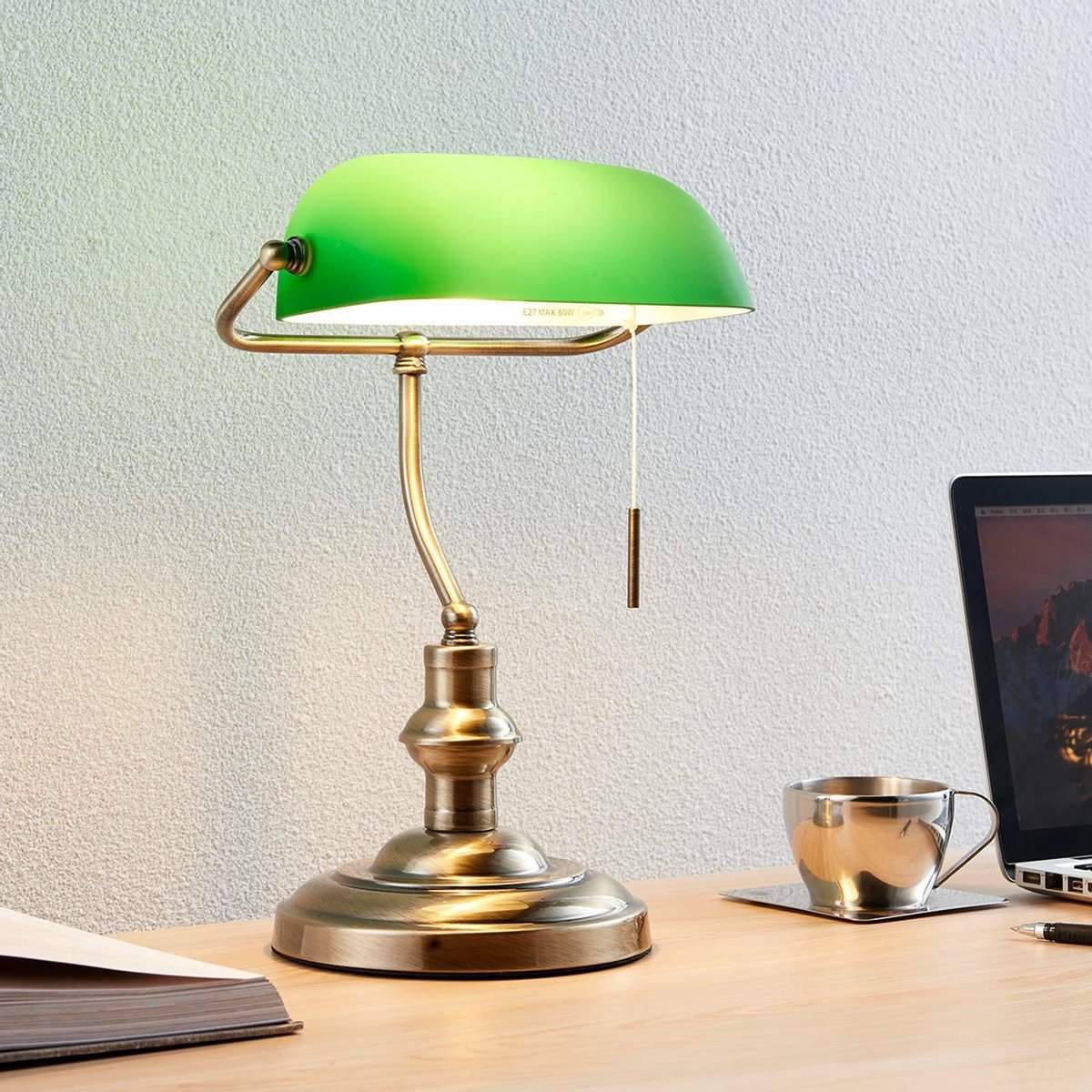 Lindby - bureaulamp - 1licht - metaal, glas - H: 38 cm - E27 - oud-messing, groen