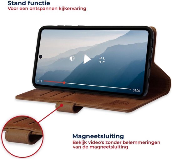 Bruine lederen book case met telefoon in stand functie.