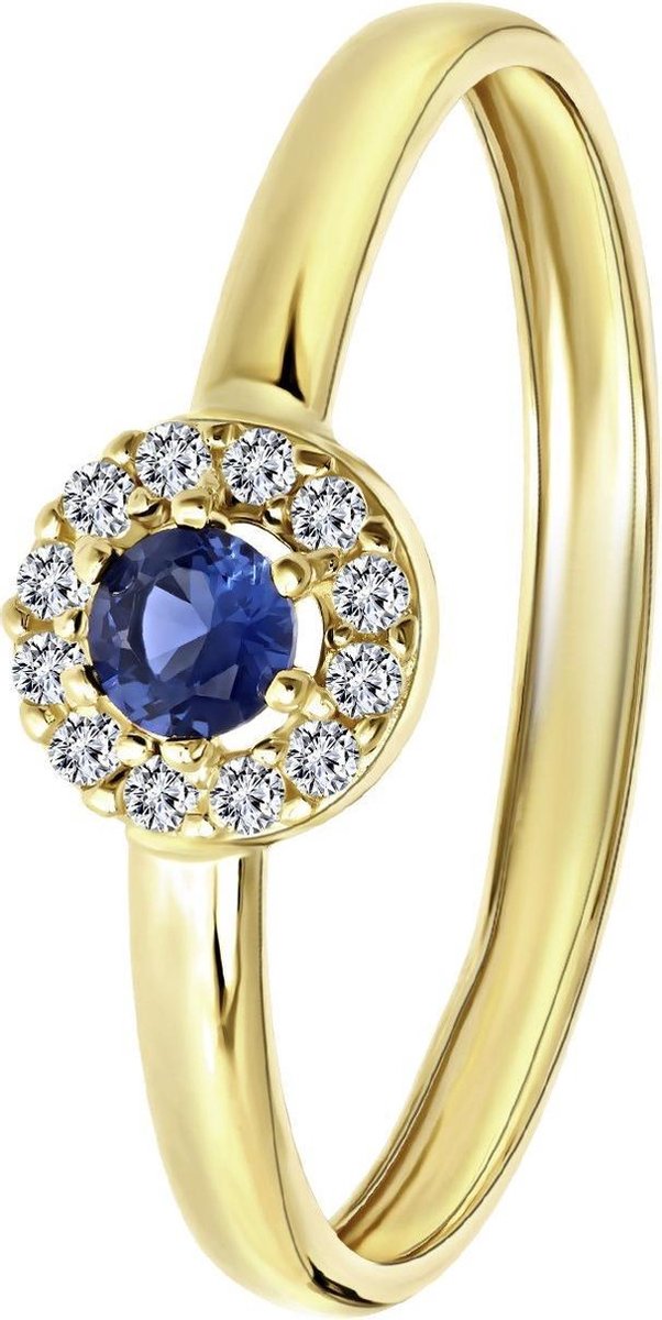 Lucardi Dames ring met wit&blauwe zirkonia - Ring - Cadeau - 14 Karaat Goud - Geelgoud