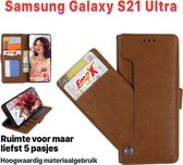 EmpX.nl Samsung S21 Ultra Khaki Boekhoesje | Portemonnee Book Case | Flip Cover Hoesje | Met Multi Stand Functie | Kaarthouder Card | Beschermhoes Sleeve | Met Pasjeshouder & Magne