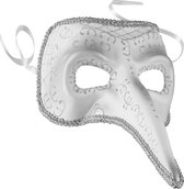 dressforfun - Venetiaans masker met lange neus en versieringen zilver - verkleedkleding kostuum halloween verkleden feestkleding carnavalskleding carnaval feestkledij partykleding