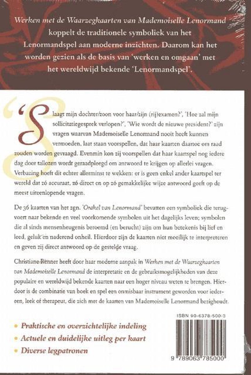 Achterkant boek: 'Werken met de Waarzegkaarten van Mademoiselle Lenormand' met tekst en barcode.