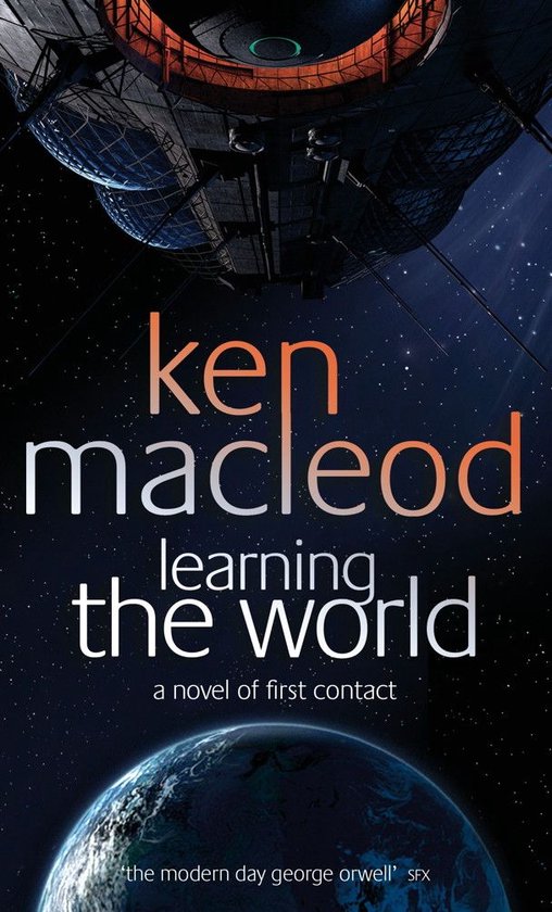 Boekomslag van 'Learning the World' door Ken Macleod, met een ruimteschip en de aarde.