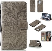 Voor iPhone 12 5.4 Lace Flower horizontale flip lederen tas met houder & kaartsleuven & portemonnee & fotolijst (grijs)