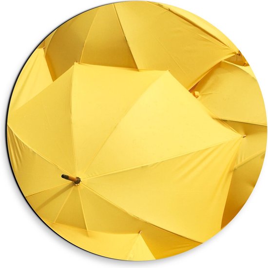 Dibond Wandcirkel - Patroon van Gele Paraplu's  - 30x30cm Foto op Aluminium Wandcirkel (met ophangsysteem)