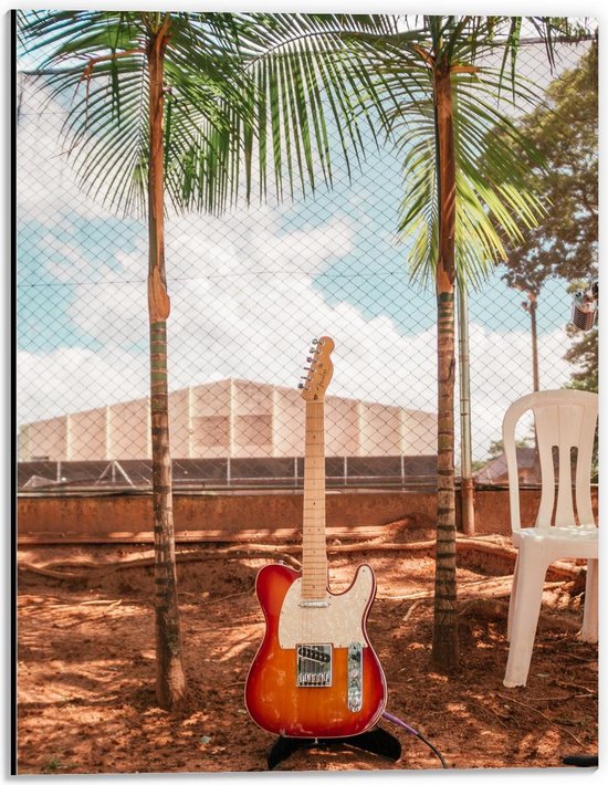 Dibond - Gitaar op Stuk Zand bij Bomen - 30x40cm Foto op Aluminium (Wanddecoratie van metaal)