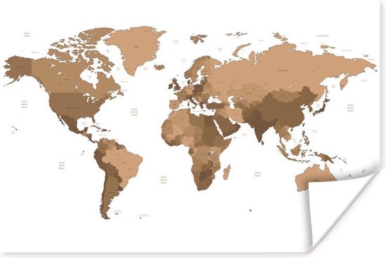 Beige en bruine tinten op een wereldkaart Poster | Wereldkaart Poster 90x60 cm