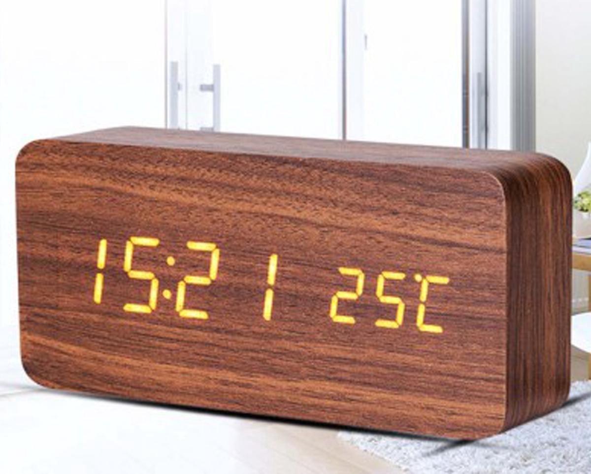 Houten wekker – Alarm Clock – Rechthoek groot - Bruine kleur – Reiswekker -  Tijd datum... | bol.com