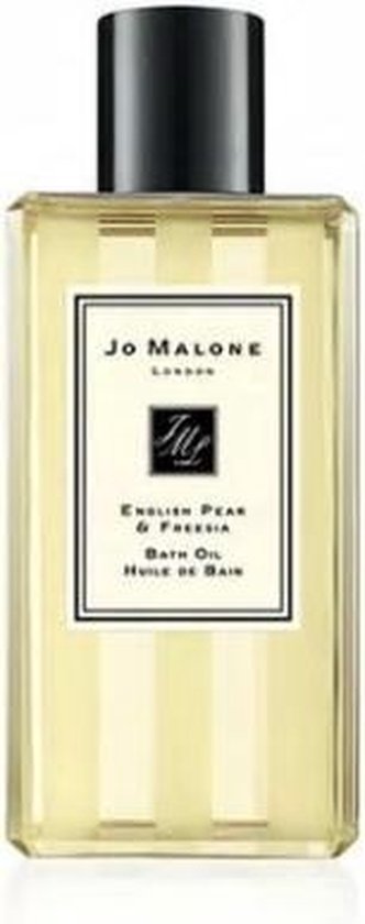 Jo Malone London fles met gele badolie, zwarte dop, etiket met 'English Pear & Freesia'.
