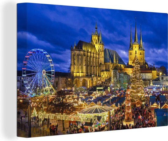 Photo de soirée d'Erfurt en Allemagne Toile 90x60 cm - Tirage photo sur toile (Décoration murale salon / chambre) / Villes européennes Peintures sur toile