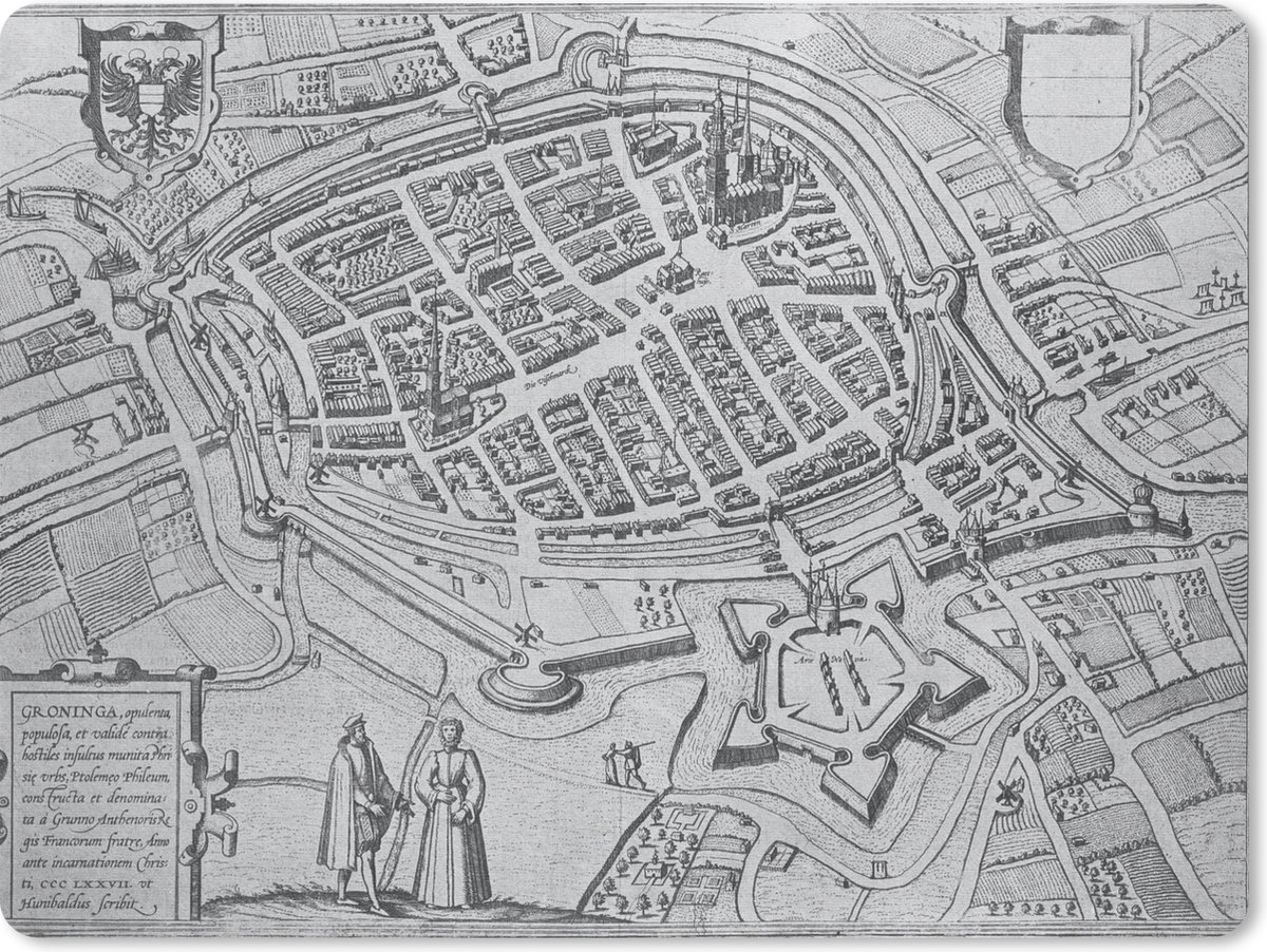 Muismat Historische stadskaarten - Een zwart witte historische stadskaart van Groningen muismat rubber - 23x19 cm - Muismat met foto