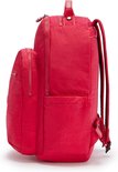 Côté d'un sac à dos Kipling rouge avec poches avant, fermetures éclair et poche latérale.