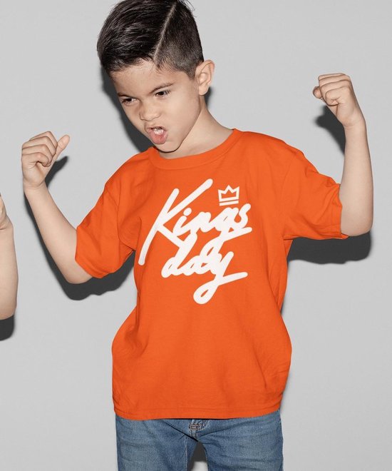 Oranje Koningsdag T-Shirt Kind Kingsday Crown (7-8 jaar - MAAT 122/128) | Oranje kleding & shirts | Feestkleding