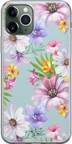 iPhone 11 Pro Max hoesje - Mint bloemen - Soft Case Telefoonhoesje - Bloemen - Blauw