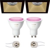 Pragmi Pollon Pro - Inbouw Vierkant - Mat Zwart/Goud - Verdiept - 82mm - Philips Hue - LED Spot Set GU10 - White and Color Ambiance - Bluetooth