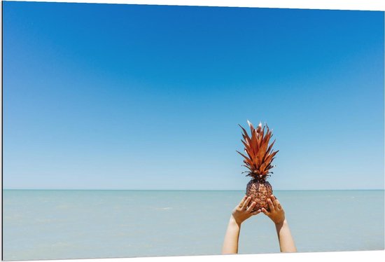 Dibond - Gouden Ananas bij Zee - 120x80cm Foto op Aluminium (Met Ophangsysteem)