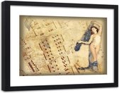 Foto in frame , Vrouw met bladmuziek ,120x80cm , beige bruin , wanddecoratie