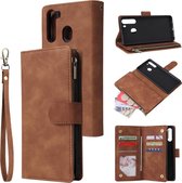 Voor Galaxy A21 multifunctionele horizontale flip lederen tas, met kaartsleuf en houder & rits portemonnee & fotolijst (bruin)