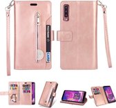 Voor Samsung Galaxy A7 (2018) Multifunctionele Rits Horizontale Flip Leren Case met Houder & Portemonnee & 9 Kaartsleuven & Lanyard (Rose Goud)