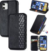 Voor iPhone 12 Pro 6.1 inch Cubic Grid Pressed Horizontal Flip Magnetic PU Leather Case met houder & kaartsleuven & portemonnee (zwart)
