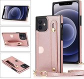 PU + TPU schokbestendige beschermhoes met crossbody lanyard & houder & kaartsleuf & polsbandje voor iPhone 12 mini (roségoud)