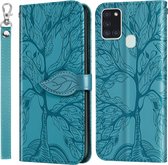 Voor Samsung Galaxy A21s Life of Tree Embossing Pattern Horizontale Flip Leather Case met houder & kaartsleuf & portemonnee & fotolijst & Lanyard (Lake Blue)