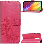 Lucky Clover geperste bloemenpatroon lederen tas voor LG Q9, met houder en kaartsleuven en portemonnee en handriem (roze rood)