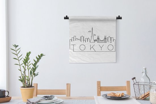 Tapisserie Villes du monde - Skyline Tokyo noir sur blanc Tapisserie coton 60x60 cm - Tapisserie avec photo