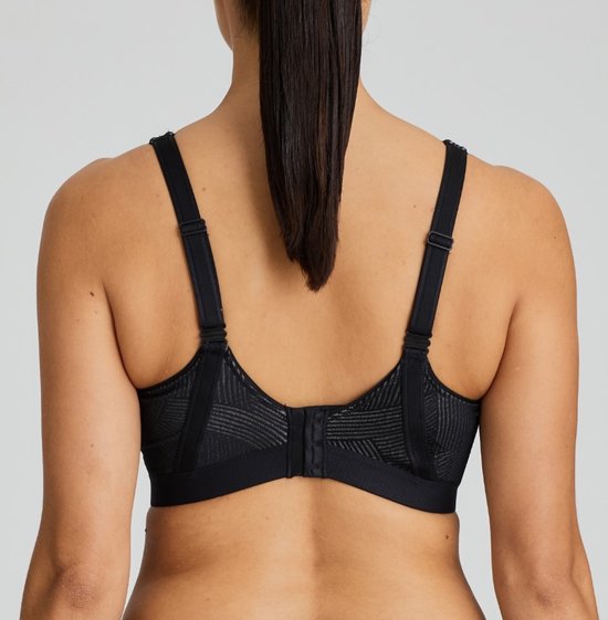 Zwarte sportbeha van PrimaDonna met een gestreept patroon op de cups en verstelbare bandjes, gezien vanaf de achterkant.