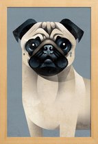 JUNIQE - Poster met houten lijst Vintage mopshond -13x18 /Grijs