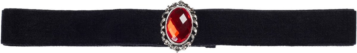 Halsband fluweel zwart met rode steen