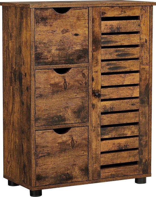 Nancy's Cupertino Dressoir - Opbergkast - Sideboard - 3 Lades - Openslaande Deur - Verstelbare Planken - Bruin - Zwart - Industrieel - Bewerkt Hout - Metaal - 60 x 30 x 80 cm