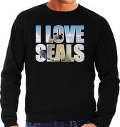 Tekst sweater I love seals met dieren foto van een zeehond zwart voor heren - cadeau trui zeehonden liefhebber S