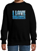 Tekst sweater I love sharks met dieren foto van een haai zwart voor kinderen - cadeau trui haaien liefhebber - kinderkleding / kleding 9-11 jaar (134/146)