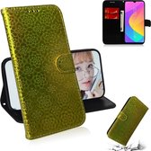 Voor xiaomi mi cc9 effen kleur kleurrijke magnetische gesp horizontale flip pu lederen case met houder & kaartsleuven & portemonnee & lanyard (goud)