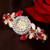 Dames retro ronde wijzerplaat diamanten kroonblad quartz horloge (rood)